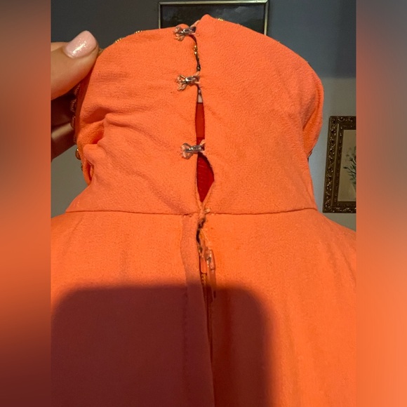 VTG 60s / 70s Coral Halter Wide / Balloon Leg Jumpsuit W Embellished Collar - Picture 2 of 13